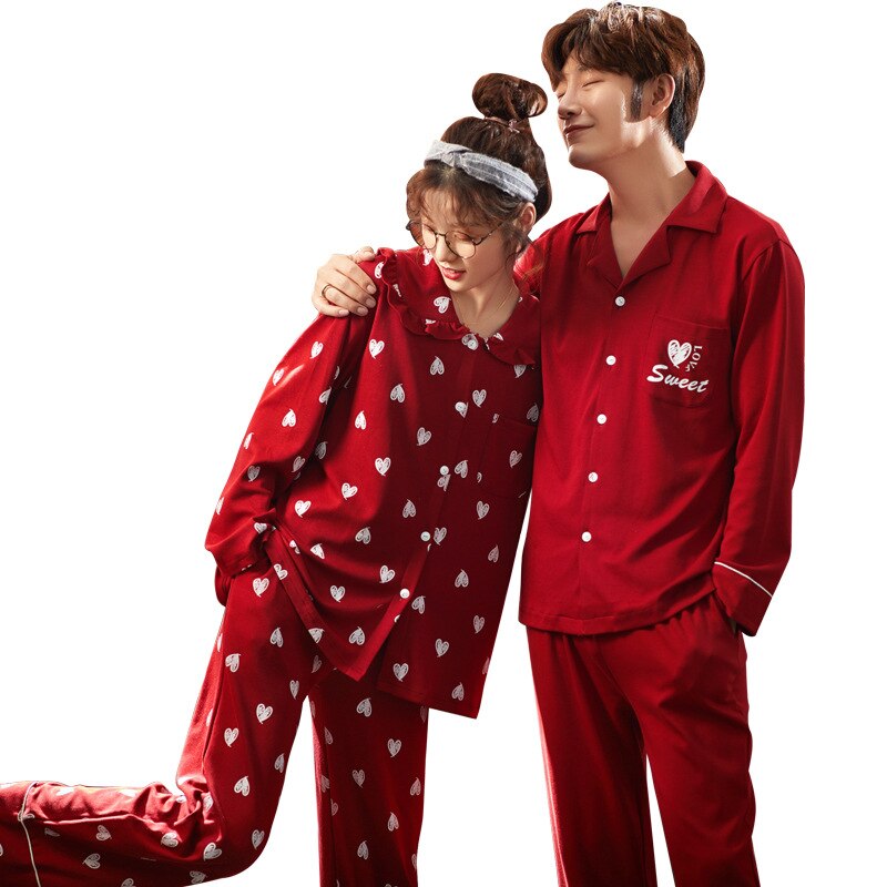 XIFER Autumn Winter Cotton Couple Pajamas Men Women Cotton Long-sleeved Red Wedding Homewear Large Size Love Pattern Pajamas Set