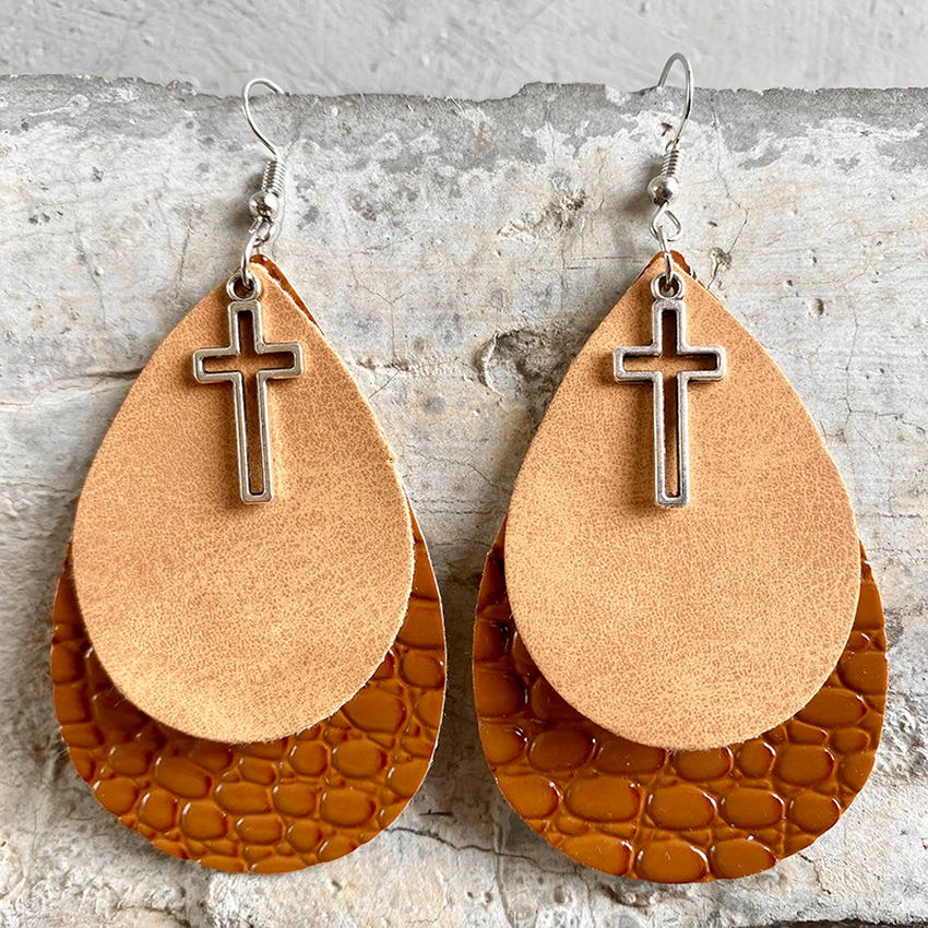 Pendientes de imitación de cuero en forma de lágrima para mujer, aretes con de Cruz de Metal, estilo occidental, Art Deco,