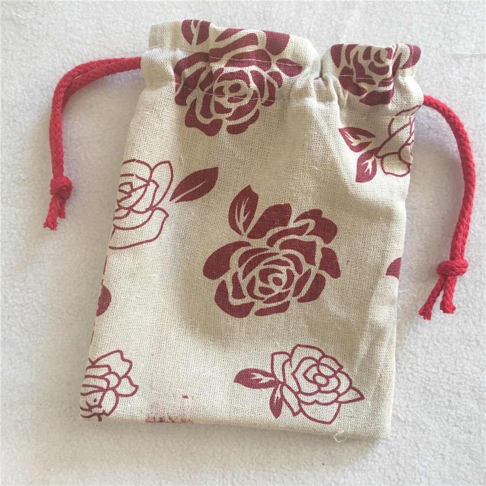 YILE Cotton Linen Drawstring Multi-purpose Pouch Party Bag Red Rose Flower Red String 8201c