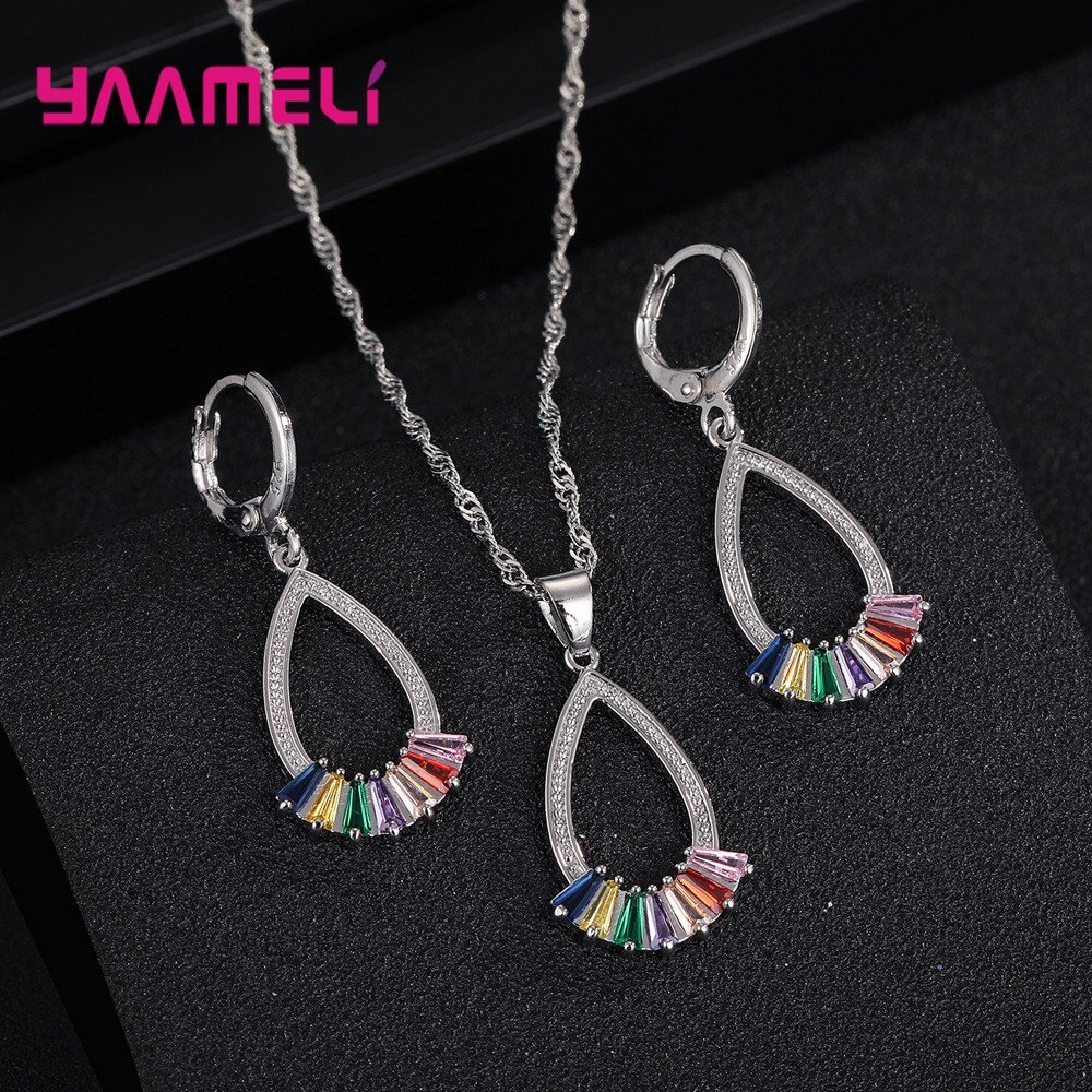 Elegante 925 Sterling Silber Frauen Schmuck setzt Bunte AAA Zirkon Klassische Wasser Tropfen Anhänger Halskette Band Ohrringe