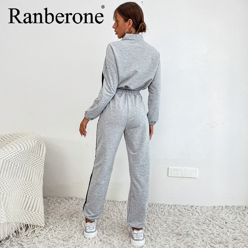 Ranberone Women&#39;s Loose Sports Casual Natching Long-Sleeved Sweater Fitness Suit Tracksuit Grey jogging Suit Sets Lady