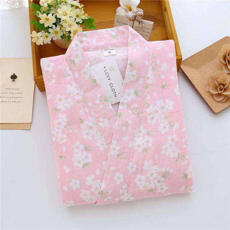Pyjama traditionnel japonais Yukata en coton, Kimono, costume de printemps, pantalon à manches longues, col en v, imprimé fleur de cerisier,: Pink / L