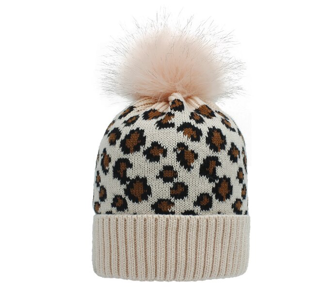 Herfst winter luipaard print wol gebreide muts warme oversized haarbal dikke warme muts pompon: Roze