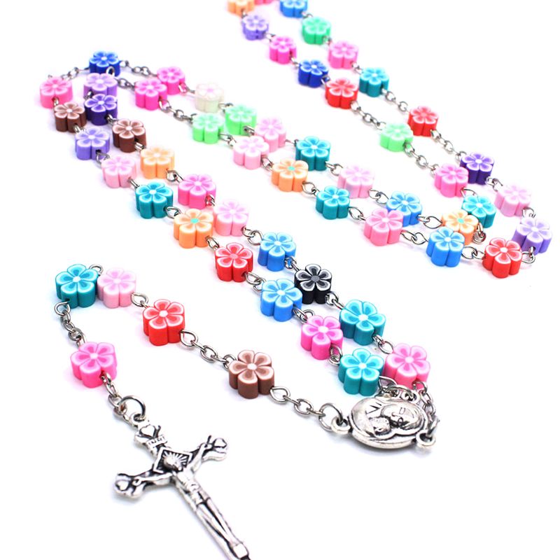 Katholieke Rozenkrans Ketting Rose Flower Polymer Klei Kralen Religie Vrouwen Kettingen D08F