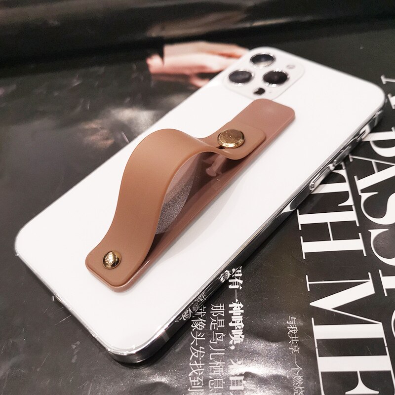 Universal Wrist Band phone stand For iPhone Finger Grip Mobile Phone Holder for xiaomi Push Pull back sticked Socket bracket: 17-Brown