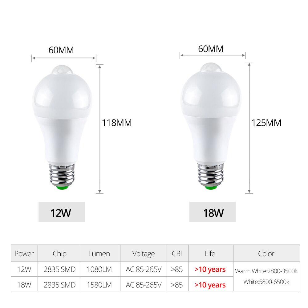 Ammtoo  e27 b22 pir bevægelsessensor led pærer 12w 16w automatisk tænd/sluk led lampe følsom menneskekroppens bevægelsesdetektor natlys