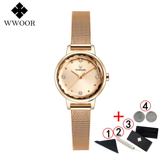 Armbinde Uhren Frauen Luxus WWOOR oben Wasserdichte Stahl Gurt Kristall Damen Handgelenk Uhren Relogio Feminino: Rose Gold Kasten