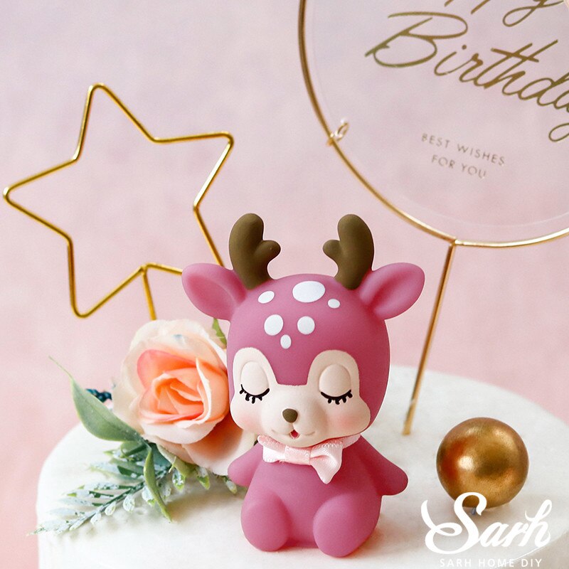Pink Sika Deer Cake Toppers Artificial Flower Birthday Decor for Party Supplies Wedding Baby Shower Anniversary Baking