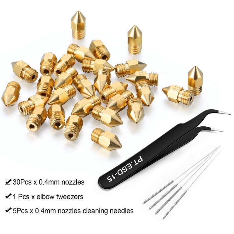 36 Pieces 3D Printer Accessories Include 30 Pieces Printer Nozzles, 5 Pieces Cleaning Needles and 1Pieces Tweezers