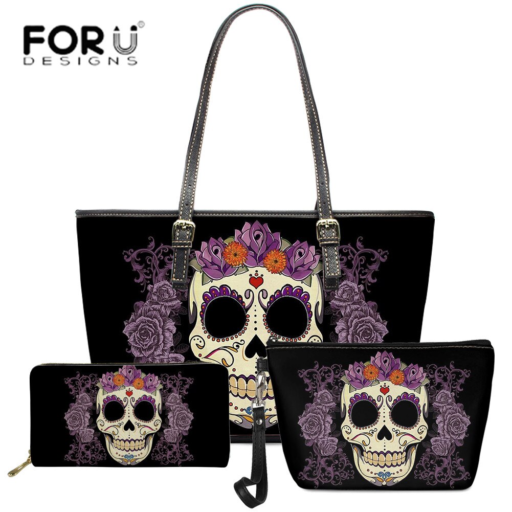Forudesigns Gothic Schedel 3 Stuks Set Schoudertassen 3D Schedels Print Vrouwen Grote Rits Handtassen Set Met Portemonnee vrouwelijke: HTE638DP-Z8-Z21