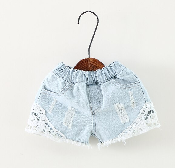 Summer Korean girls lace hole jeans shorts Cowboy Kids Girls Cute Shorts Jeans Short Lace Pocket Denim Shorts children 2-12Y: Light blue / 11T
