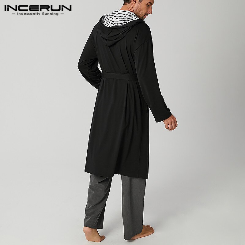 Long Sleeve Hooded Homewear Casual Pockets Comfy Bathrobe INCERUN Men Patchwork Sleep Robes Man Lace Up Nightgown 5XL 7