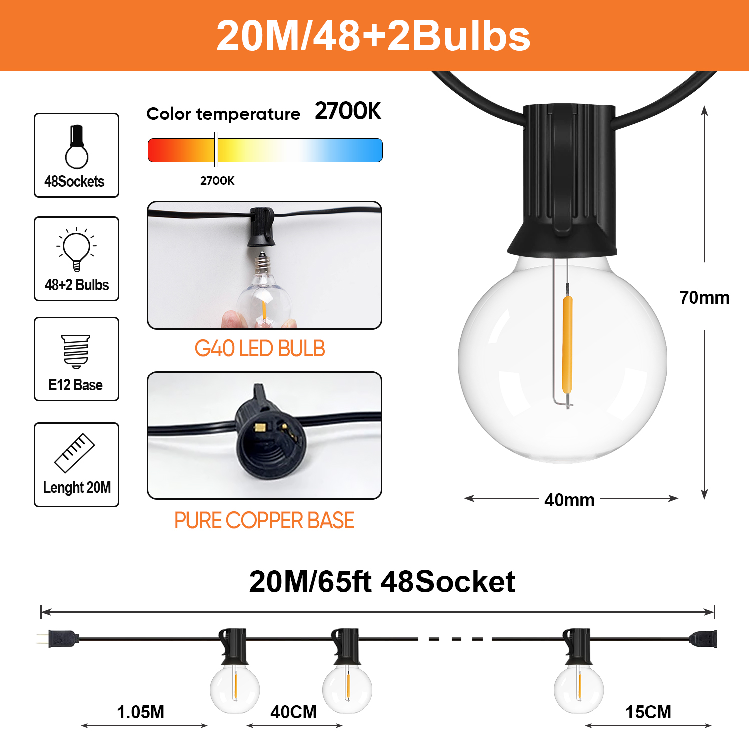Waterdichte G40 Lichtslingers Onbreekbaar Plastic E12 1W Lampen Buitenslinger EU US Plug Aansluitbaar Verjaardag Tuindecoratie: RGB / ons aansluiten