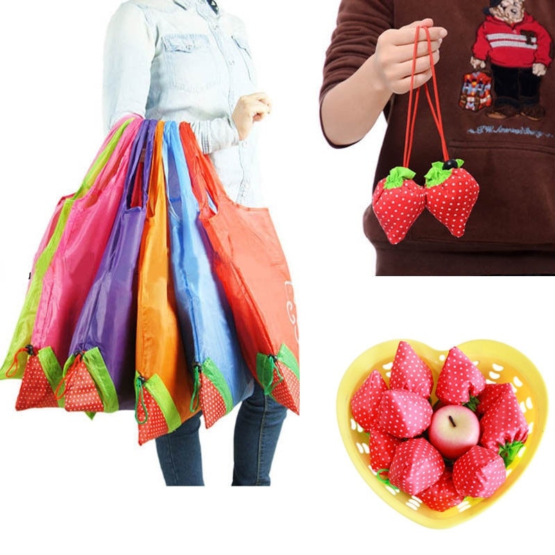 Convenient Large Capacity Storage Random Printed Bags Foldable Strawberry Reusable Nylon Green Grocery Shopping Bag