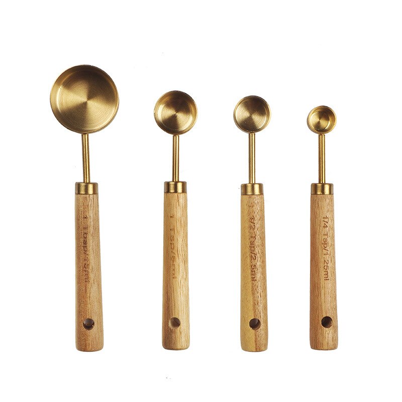 8PCS Kitchen Measuring Baking Tool Copper Plating Measuring Cup Wooden Handle Gold Measuring Cups Cake Sugar Measuring Spoon Set: 4pcs spoon set
