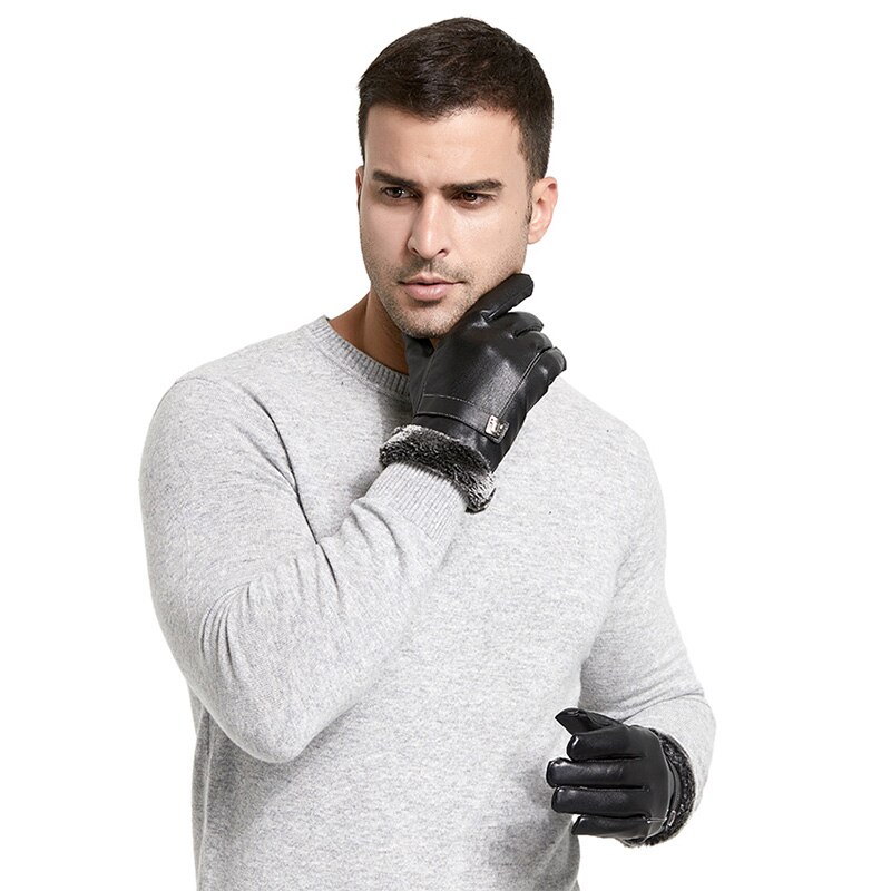 Guantes de piel para hombre de invierno con pantalla táctil para conducir al aire libre, guantes resistentes al viento para mantener el calor, mitones de negocios negros para hombre