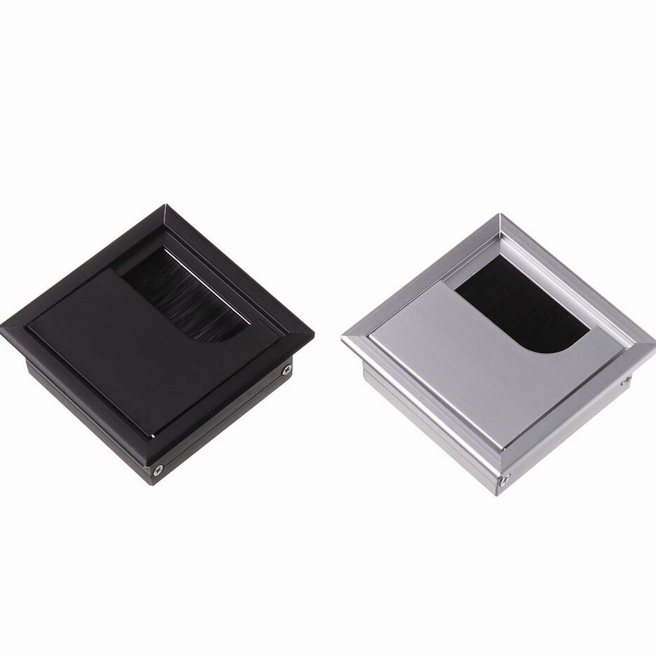 1PC Aluminum Alloy Rectangle Wire Cable Holder Grommet Hole Cover Outlet Port with Black Brush For PC Office Table Desk