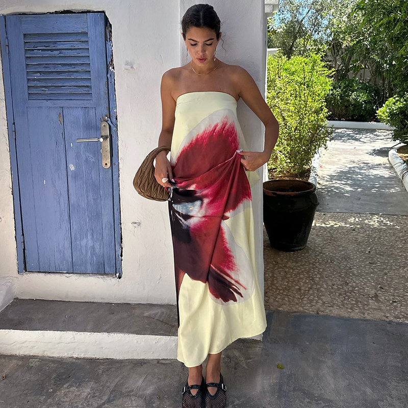 CUTENOVA Sexy Strapless Print Bloemenriem Dames Maxi Jurk Geel Backless Hoge Taille Jurken Zomervakantie Elegante Strandkleding