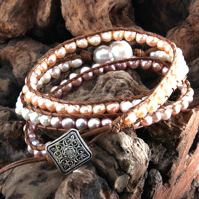 MD Boho Armbinde Perle Armbander Süßwasser Perle 3 Stränge gewebte wickeln Armbänder