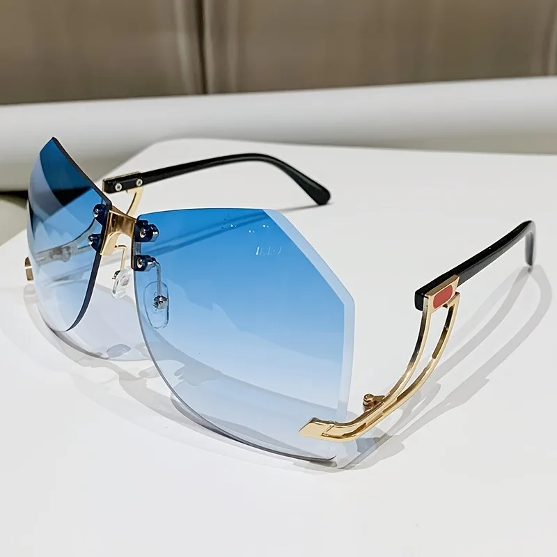 Ochelari de soare neregulați fără rame, lentile oceanice gradient șic, nuanțe, ochelari de soare eleganți și la modă, cu picioare scobite: Albastru