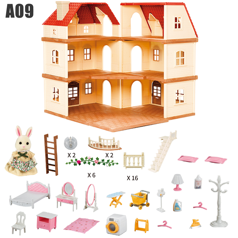 Puppenhaus Miniatur Maßstechen 1:12 Wald Familie Hase Villa Haus Einkaufszentrum Küche essen Zubehör Simulation einstellen Mädchen
