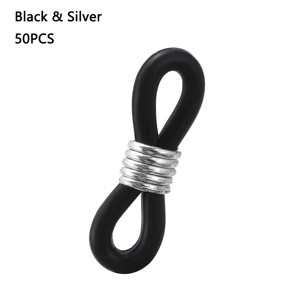 50 Uds. De extremos de cadena para anteojos, retenedor de goma ajustable, soporte de correa para anteojos, antideslizante, conectores de extremos para gafas de sol: black silver