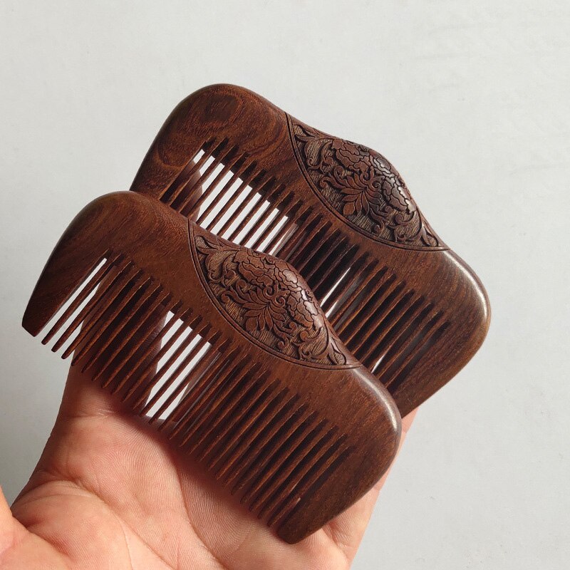 Golden Sandalwood Comb Double-Sided Carved Natural Sandalwood Fine Comb Anti-Static Care Massage 10x5.8x1.3cm NS