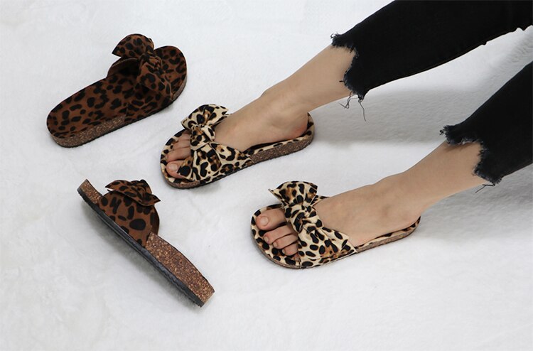 women fatia leopard ribbon sandals with cork lady open toe cork slides slippers