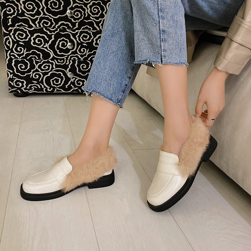 Casual Vrouw Schoen Loafers Bont Klompen Platform Ondiepe Mond Alle-Match Ronde Neus Lage Hakken Klimplanten Comfortabele Big Size rubber