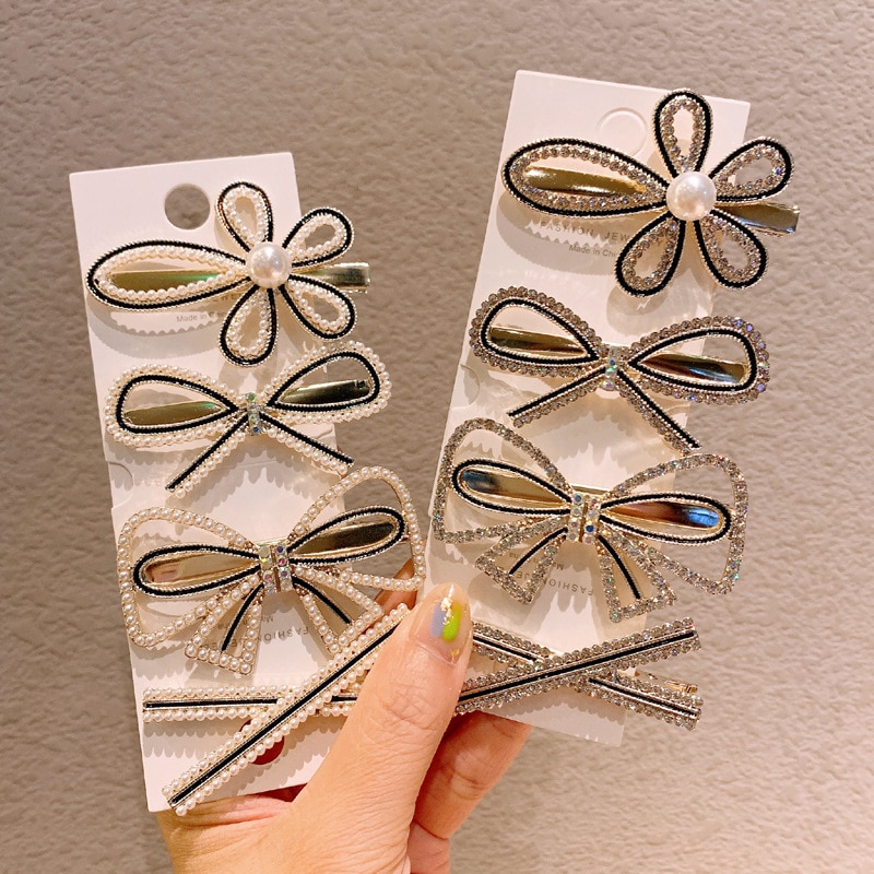 Horquillas para el cabello con diamantes de imitación para niña, horquillas para el cabello con flores y perlas de imitación, horquilla para el cabello con moño