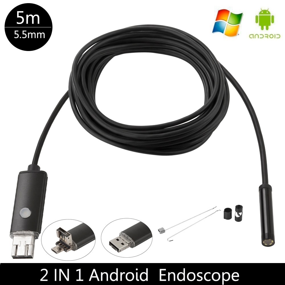 5,5 MM USB endoskop Android kamera 1/2/5/10m flexibel schlange rohr erkennung smartPhone OTG endoskop kamera 6LED