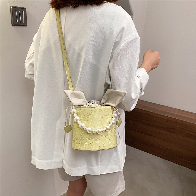 THREEPEAS PU Leather Shoulder Bucket Bag Women Girls Purses and Handbags Pearl Female Shoppers