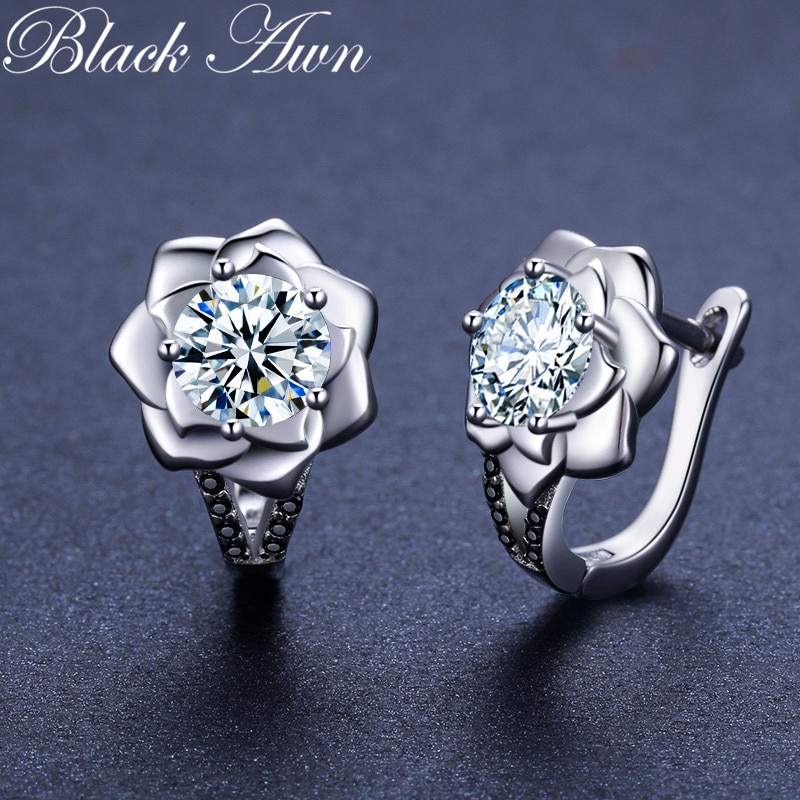Black Awn Silver Color Round Black Trendy Spinel Engagement Flower Hoop Earrings for Women Jewelry Bijoux I152
