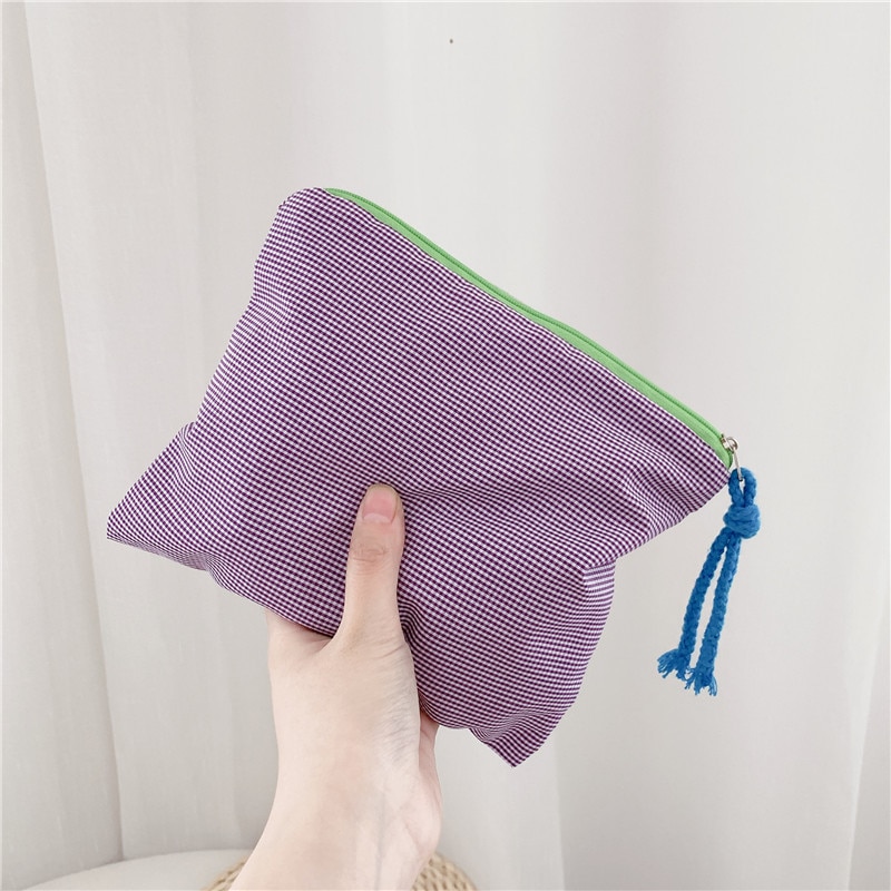 Bolsa de cosméticos coreana a cuadros para mujer, bolso de rejilla para mujer, bolso de mano de viaje, almacenamiento de lavado de teléfono, organizador de maquillaje, bolsa de aseo para niña
