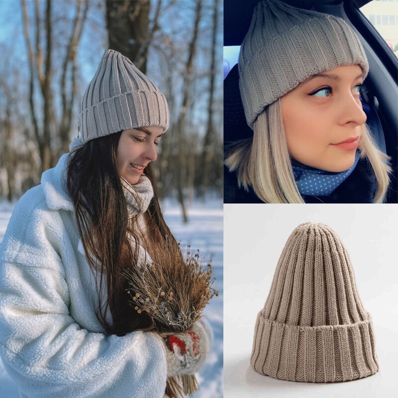 Winter Women Beanies Solid Color Soft Cotton Elastic Knitted Women Hat Girls Bonnet Female Cap