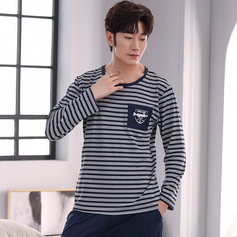 Cotton men's striped printed pajamas 2 suits O-neck long-sleeved winter pajamas can be worn outside casual L-3XL home service