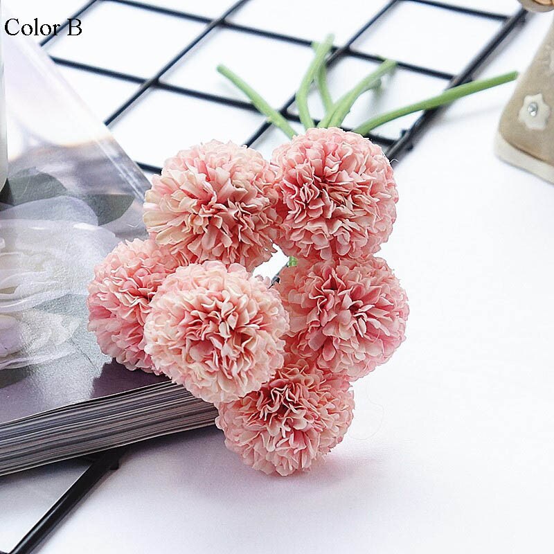 6 stk / bundt mini krysantemum blomsterkugle silke kunstige blomster til bryllupsdekoration brude blomster: B