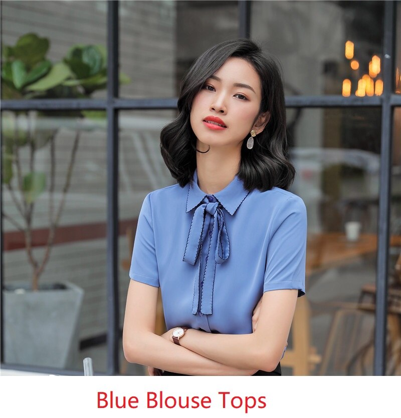 Wit Chiffon Blouses & Shirts Voor Vrouwen Business Werkkleding Zomer Korte Mouwen Vrouwelijke Tops Kleding Met Stropdas: Blue / XXL