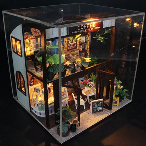 Arkitektonisk træhus med møbler hus legetøj miniature kaffebutik diy miniature landskab