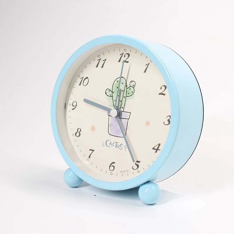 Nordisk slik farve sød tegneserie håndmalet kaktus vækkeur enkel studerendes seng ur stille børn soveværelse bord ur: Blå