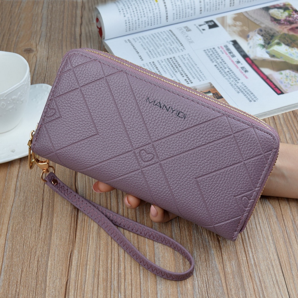 Femmes grande capacité portefeuille en cuir pochette Double fermetures à glissière bracelet porte-cartes de sac à main téléphone poche longue sac à main dames Carteras: 1