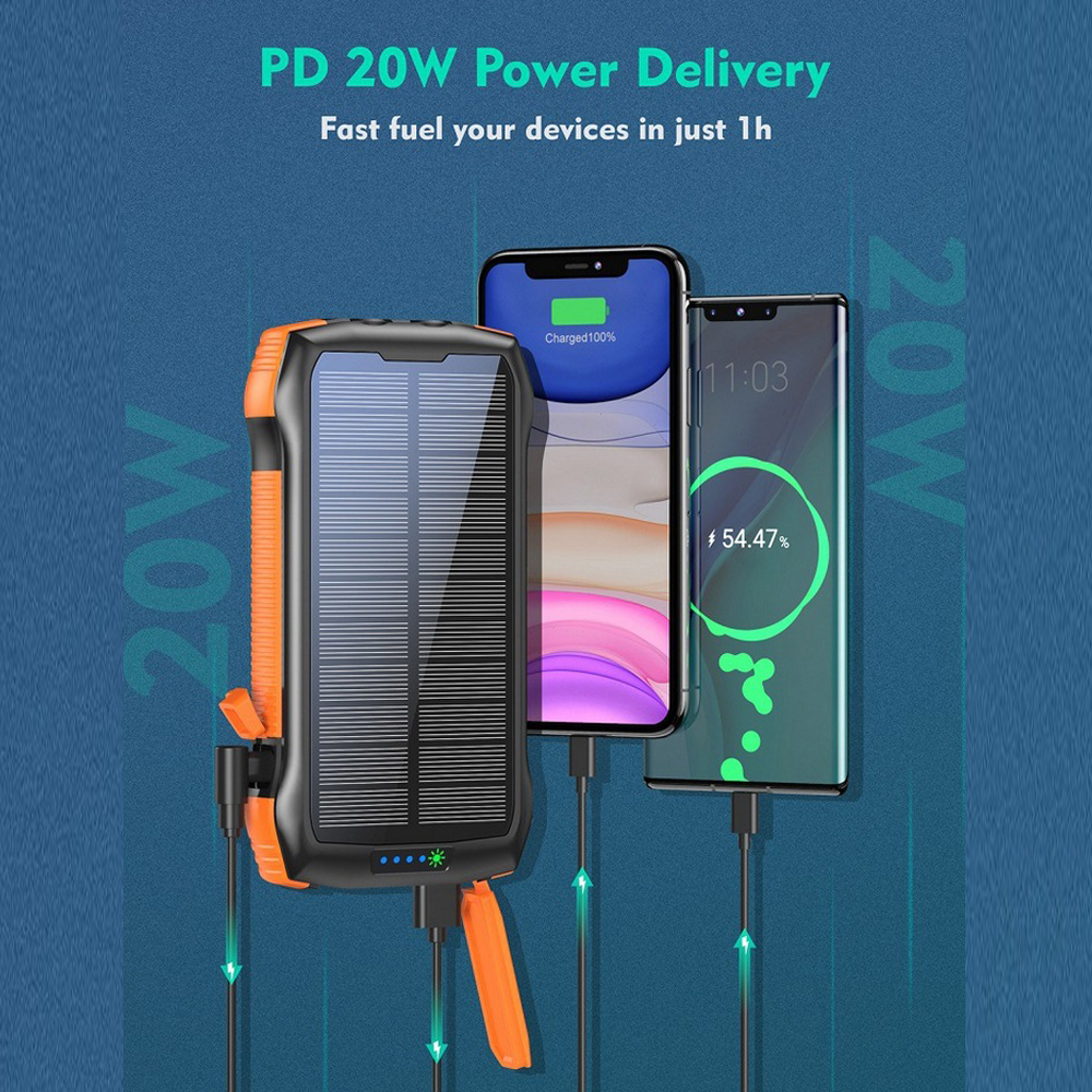 Solar Power Bank Waterproof 33600mAh Charger USB Ports External Waterproof Polymer Battery Charger Powerbank with LED Dual Light