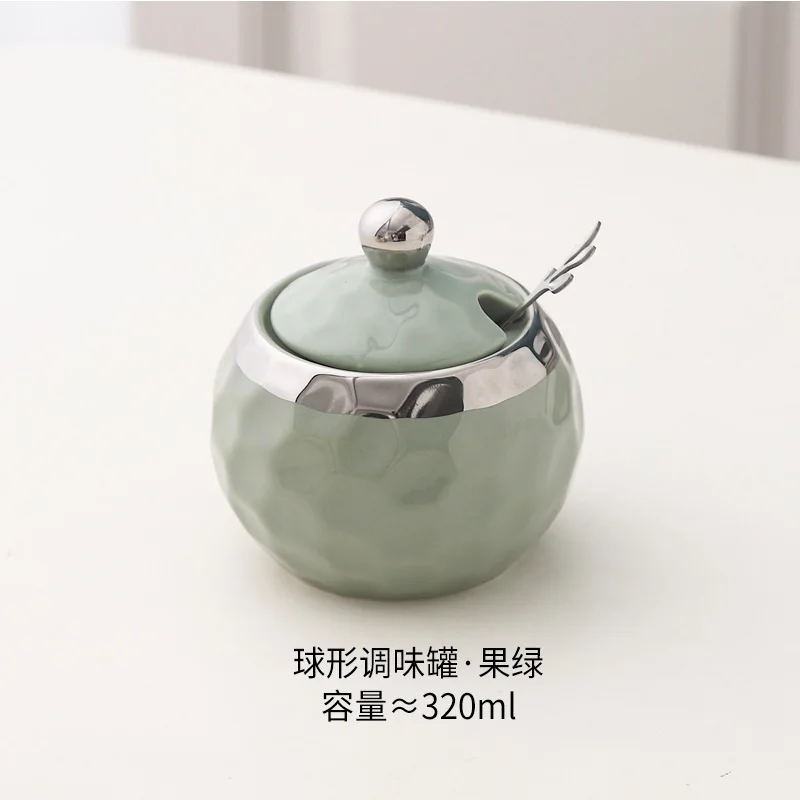 Ceramic Seasoning Jar with Spoon Kitchen Seasoning Storage Box Salt and Pepper Jar Household Storage Jar Ceramic Box Bottle: Beige