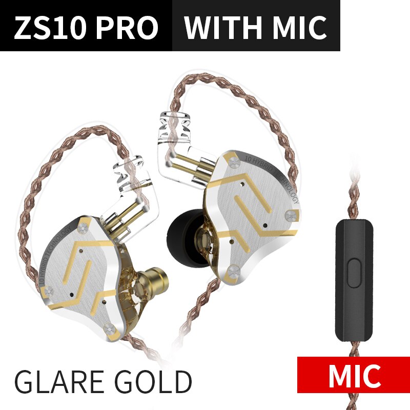 Auricular híbrido KZ ZS10PRO 4BA 1DD, auricular Monitor HIFI, auriculares internos para KZ AS10 ZSN ZS10 Pro ZST ZS5: Glare gold with mic