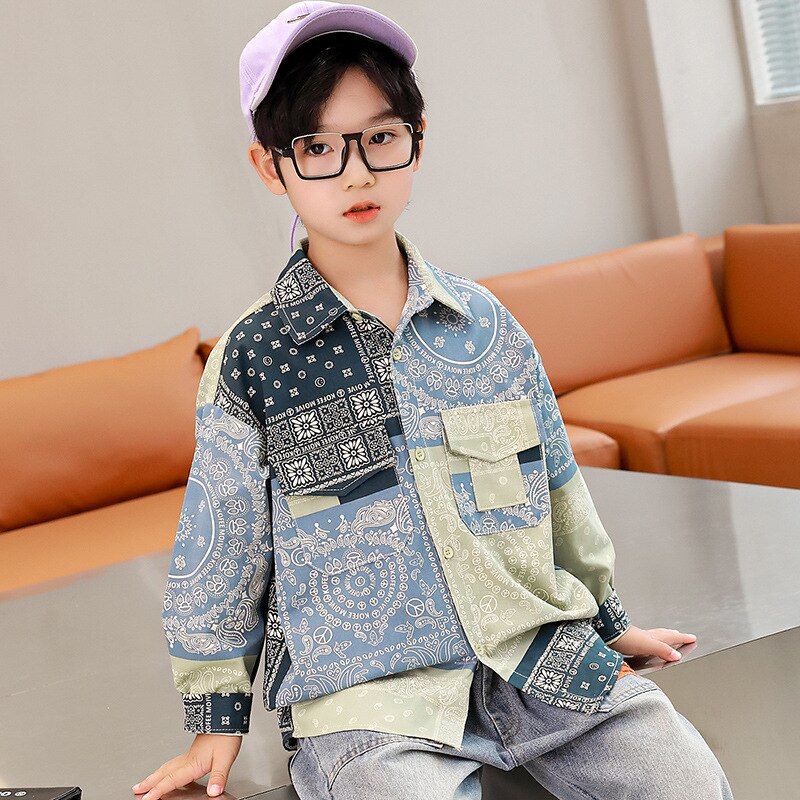 Camisas manga larga para escolares de niños, ropa de algodón con cuello vuelto, Tops estampados para niños de 5, 7, 9, 11, 13, 14 años