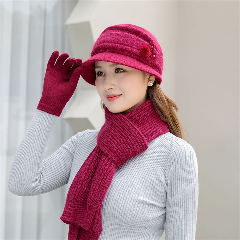2/3pcs/Set Ladies Warm Thick Women Hat Scarf Set Knitted Beanies Caps Winter Hats Knitted Gloves Winter Hats: wine red-3pcs