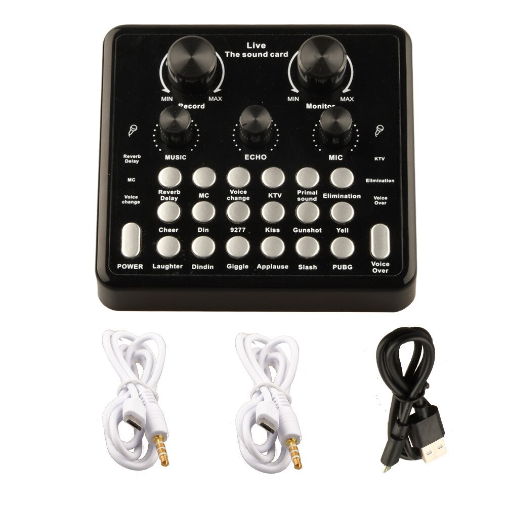 Tarjeta de sonido en vivo V8, carga USB con función de eco de música, se puede conectar al teléfono móvil, auriculares, micrófono, ordenador y tableta
