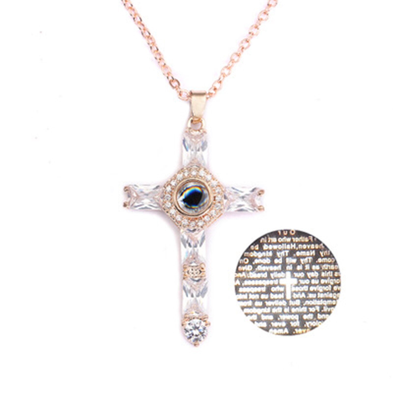 Christian Luxury Shiny Zircon Cross Necklace Rose Gold Color Pendant Necklaces Personality Piety Women Men Jewelry: Rose Gold 