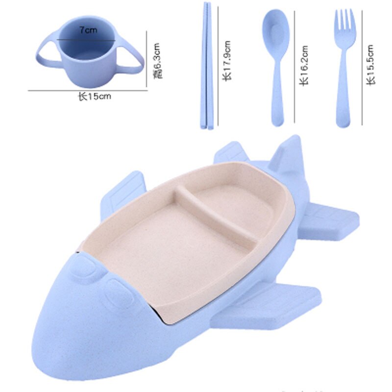 5 pcs/lot dessin animé mignon carré voiture Train avion bébé alimentation ensemble nourriture fruits plat plaque épaisse vaisselle Table plats pour enfants: Blue Airplane Set