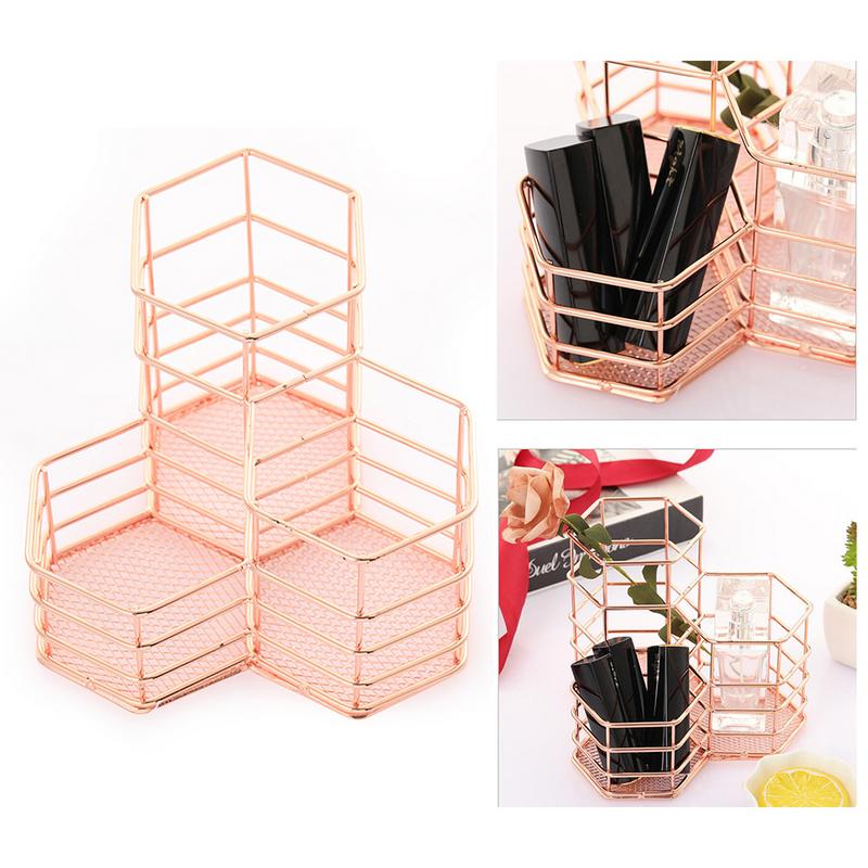 Makeup Brush Holder Hexagon Vase Metal Mesh Basket Desk Organizer Wire Golden Pen Pencil Hollow Holder Beauty Makeup Kit